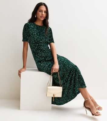Dark Green Sequin Embellished Midi Dress