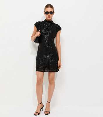 Black High Neck Sequin Embellished Mini Dress