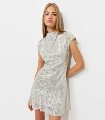 Silver High Neck Sequin Embellished Mini Dress