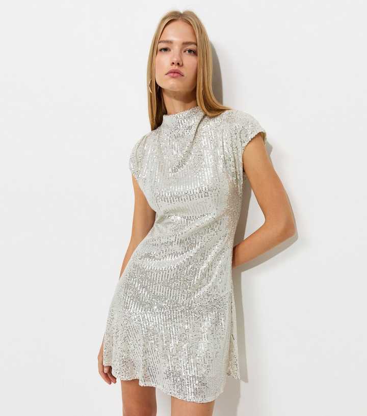 Silver High Neck Sequin Embellished Mini Dress