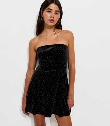 Black Gem Embellished Velvet Bandeau Mini Dress