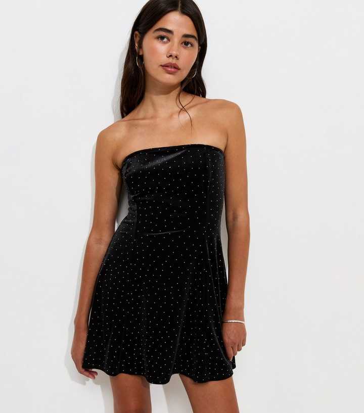 Black Gem Embellished Velvet Bandeau Mini Dress