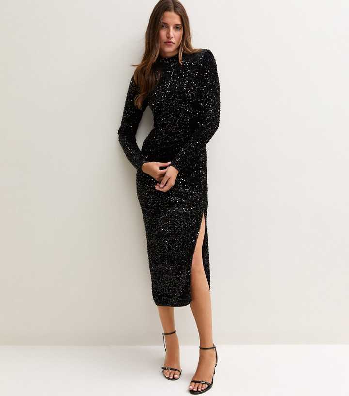 Black Sequin Embellished Long Sleeve Midi Dress