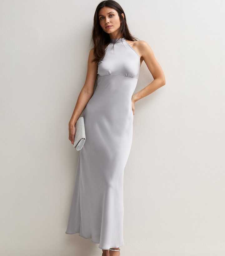 Silver Halter Neck Satin Maxi Dress