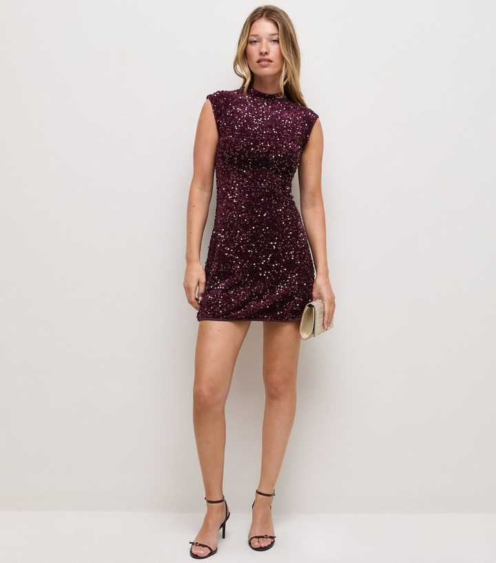 Dark Burgundy Sequin Embellished Mini Shift Dress