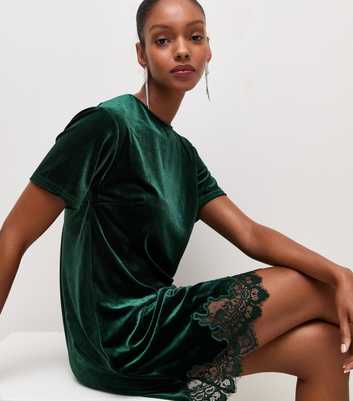 Dark Green Velvet Lace Trim T-Shirt Mini Dress