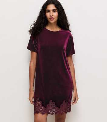 Dark Burgundy Velvet Lace Trim T-Shirt Mini Dress