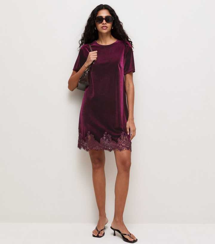 Dark Burgundy Velvet Lace Trim T-Shirt Mini Dress