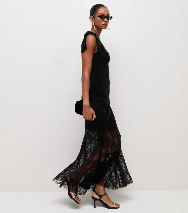 Black Velvet Floral Lace 2 In 1 Shoulder Bow Midi Dress
