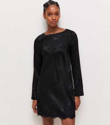 Black Satin Jacquard Lace Trim Long Sleeve Mini Dress