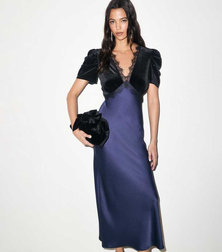 Navy 2 In 1 Velvet Midi Dress