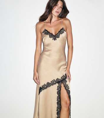 Light Mink Lace Trim Satin Midi Dress
