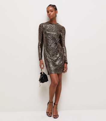 Gold Sequin Front Knot Long Sleeve Mini Dress