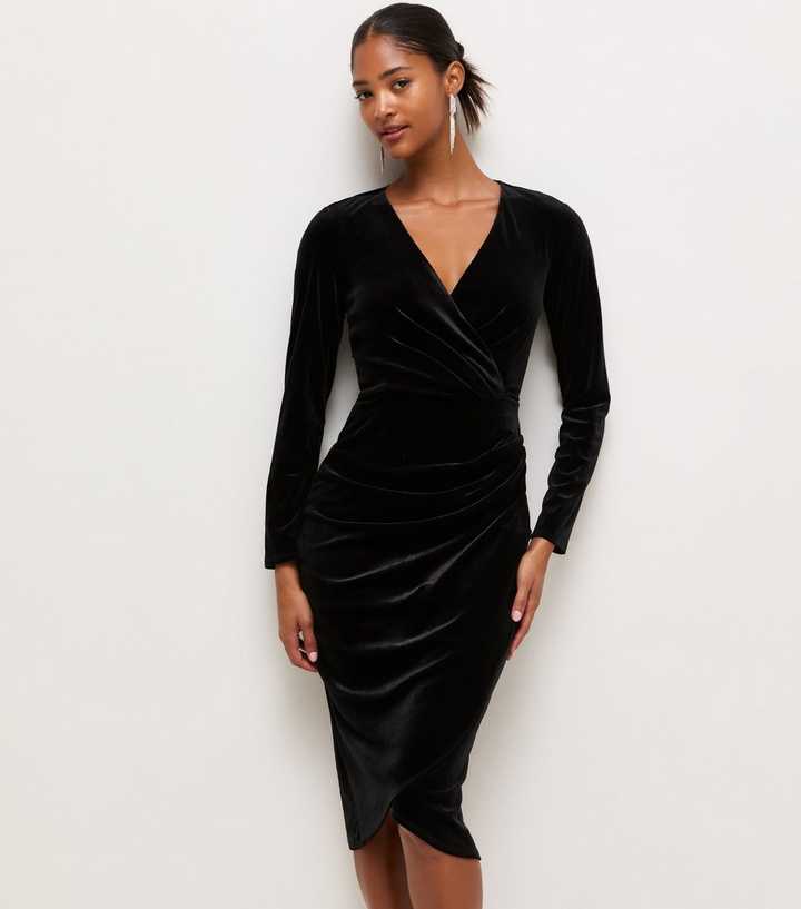 Black Velvet Jersey Long Sleeve Midi Dress