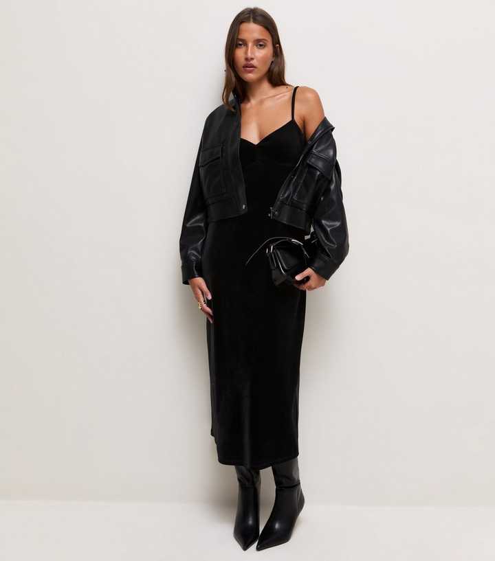 Black Velvet Sweetheart Neck Strappy Midi Dress