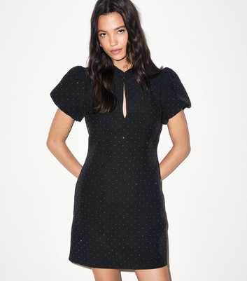 Black Gem Embellished Puff Sleeve Mini Dress