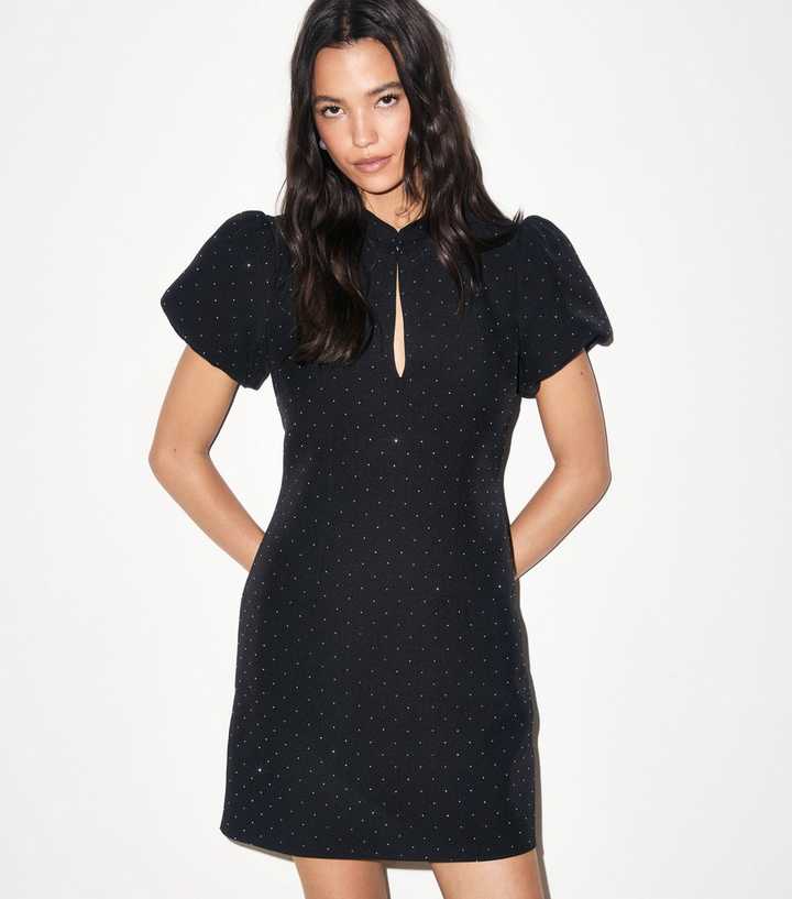 Black Gem Embellished Puff Sleeve Mini Dress