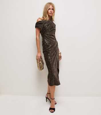 Dark Brown Sequin Velvet Fallen Shoulder Midi Dress