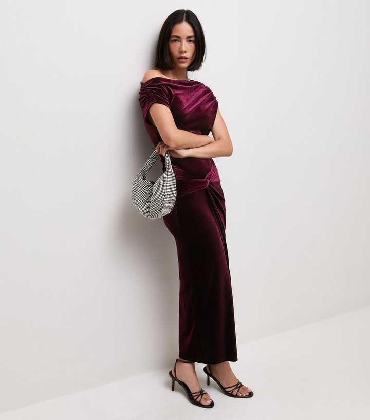 Dark Burgundy Velvet Off Shoulder Dress