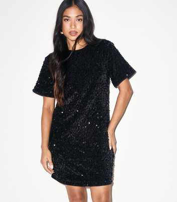 Black Velvet Sequin Relaxed T-Shirt Mini Dress