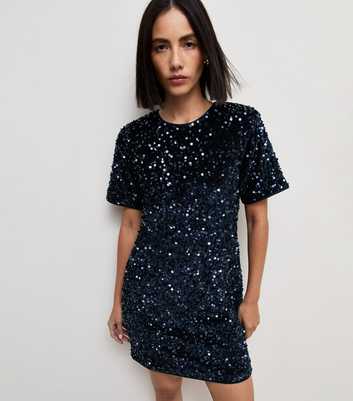 Navy Velvet Sequin Relaxed T-Shirt Mini Dress