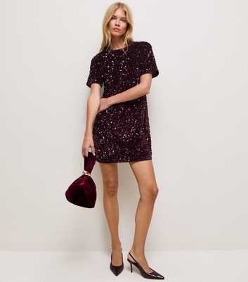 Dark Burgundy Velvet Sequin Relaxed T-Shirt Mini Dress