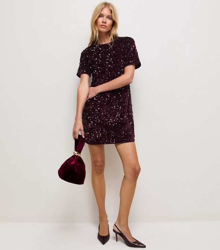 Dark Burgundy Velvet Sequin Relaxed T-Shirt Mini Dress