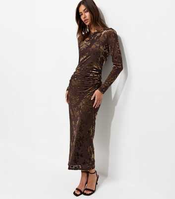 Brown Flocked Velvet Long Sleeve Midi Dress