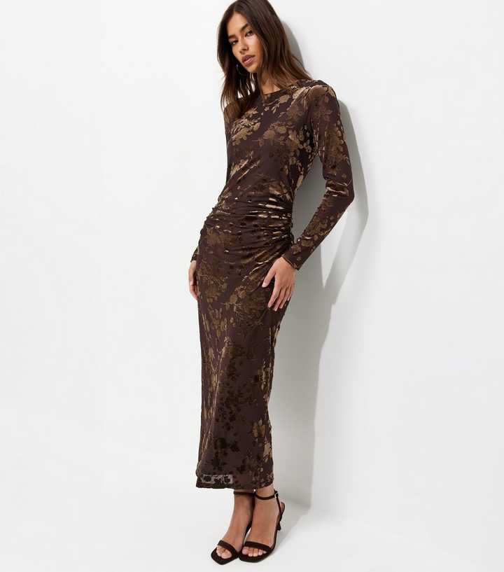 Brown Flocked Velvet Long Sleeve Midi Dress