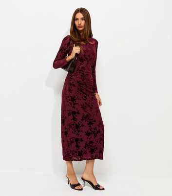 Dark Burgundy Flocked Velvet Long Sleeve Midi Dress