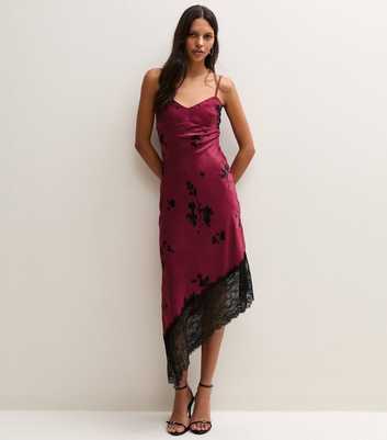 Red Satin Lace Asymmetric Hem Midi Dress