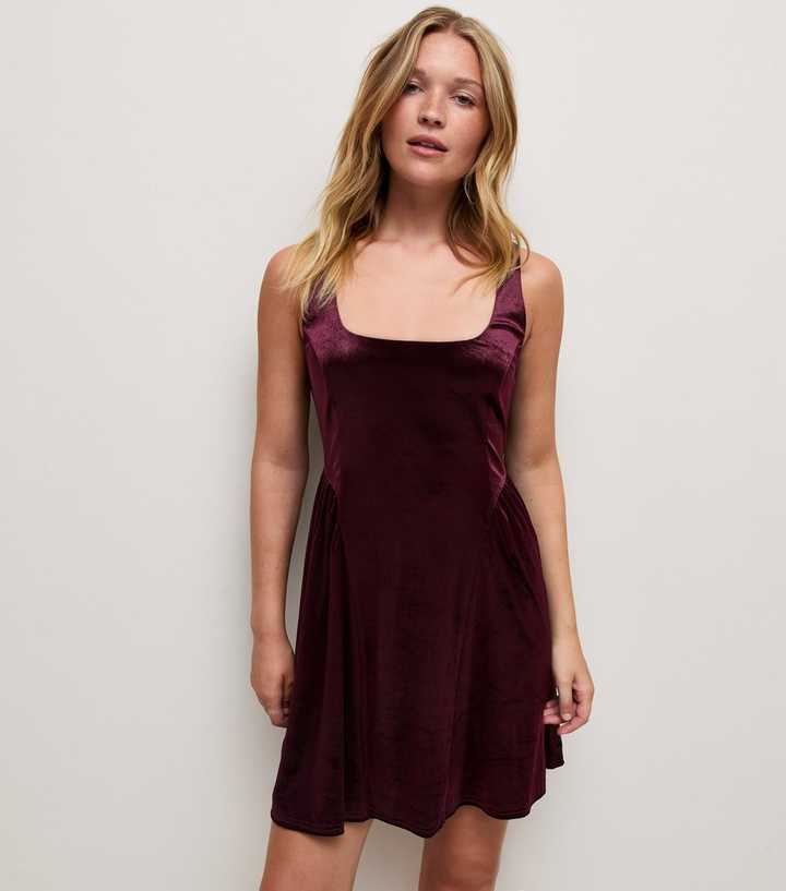 Dark Burgundy Velvet Square Neck Mini Dress