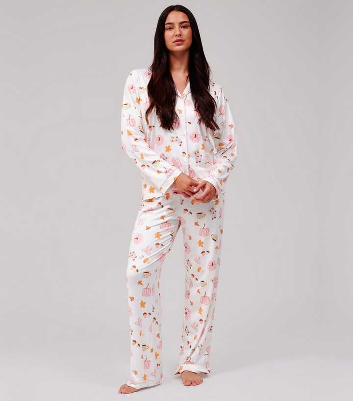Loungeable Pink Pumpkin Print Shirt and Trousers Pyjama Set