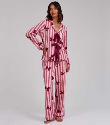 Loungeable Pink Bow Striped Print Super Soft Long Sleeve Pyjama Set