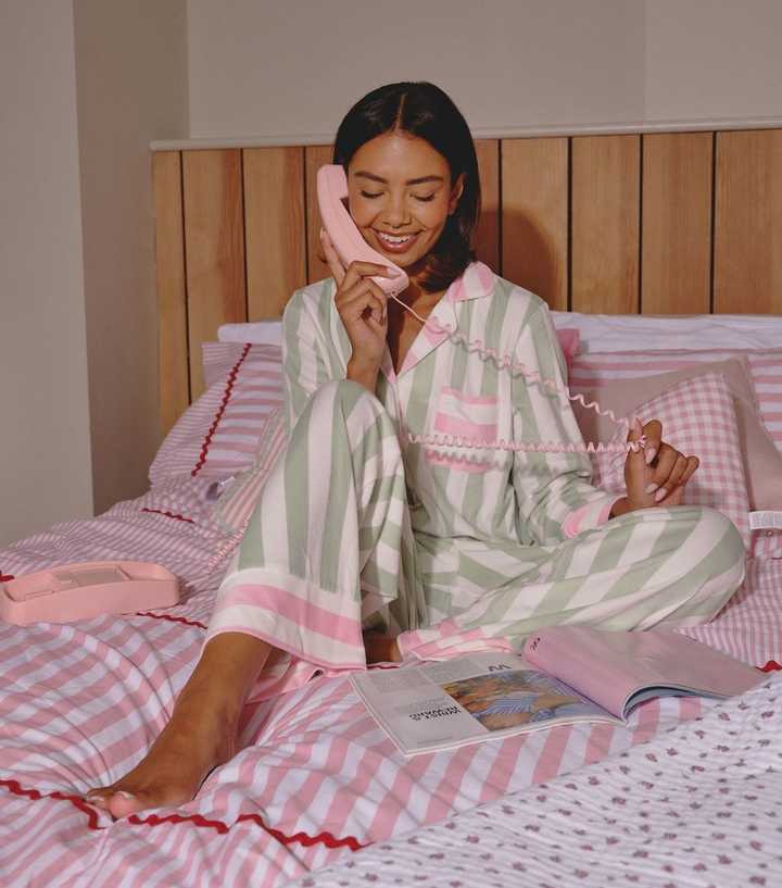 Loungeable Green Velour Striped Shirt and Trousers Pyjama Set