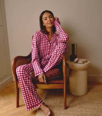 Loungeable Burgundy Gingham Shirt and Trousers Pyjama Set