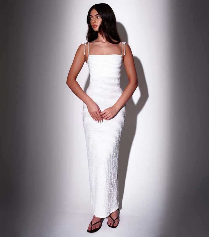 South Beach White Textured Beaded Strap Maxi Dress