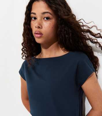 Girls Navy Cotton Rich Cinched Waist Slash Neck Top