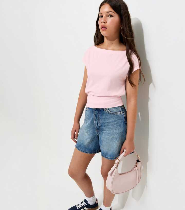 Girls Light Pink Cotton Rich Cinched Waist Slash Neck Top