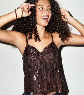 Girls Dark Brown Sequin Babydoll Top