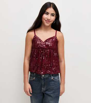 Girls Dark Burgundy Sequin Babydoll Top