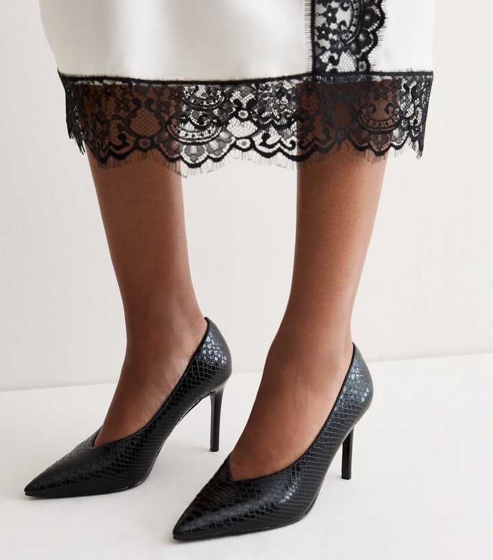 Black Faux Leather Snakeskin Effect High Vamp Pumps