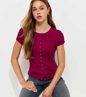 Girls Dark Burgundy Cotton Rich Mini Button Front Cap Sleeve T-Shirt
