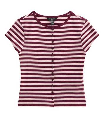 Girls Red Cotton Rich Mini Stripe Button Front Cap Sleeve T-Shirt