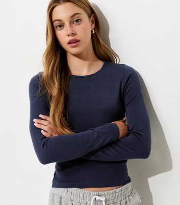 Girls Navy Cotton Rich Ribbed Long Sleeve Top