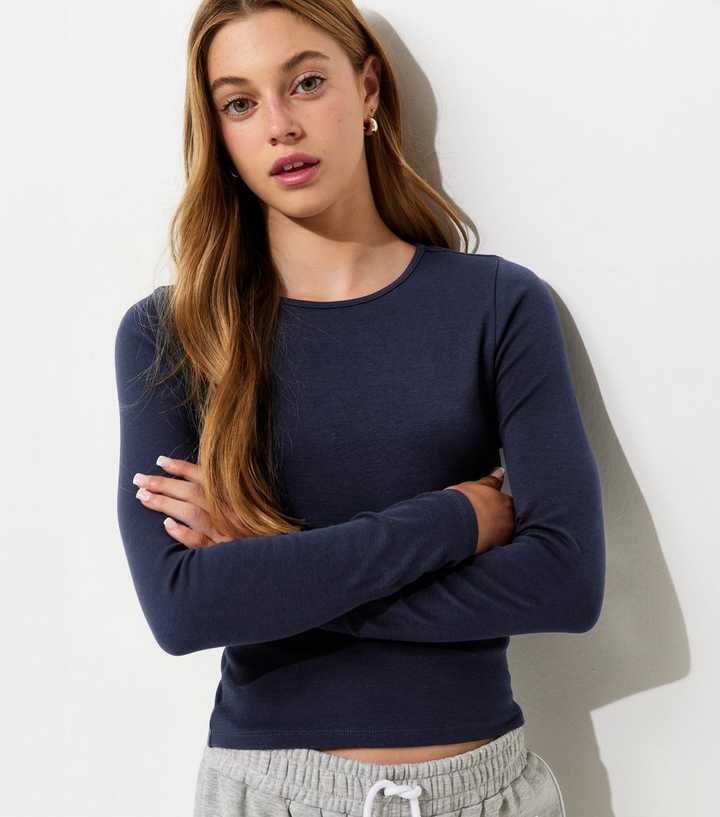 Girls Navy Cotton Rich Ribbed Long Sleeve Top