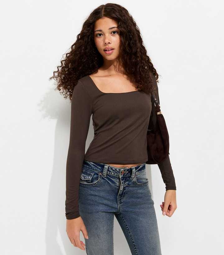 Girls Dark Brown Square Neck Long Sleeve Top