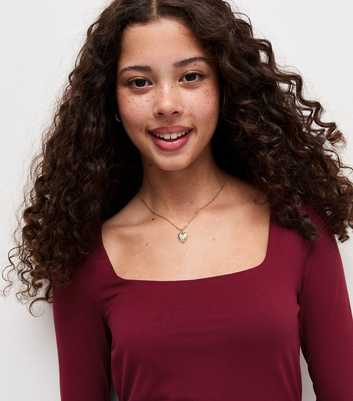 Girls Dark Burgundy Square Neck Long Sleeve Top