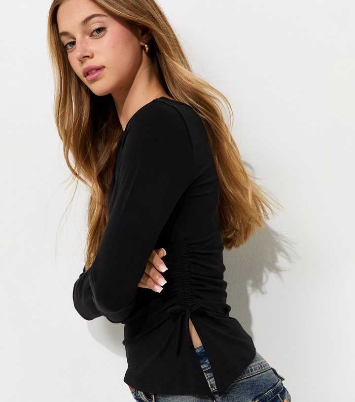 Girls Black Cotton Rich Slash Neck Asymmetric Split Hem Top