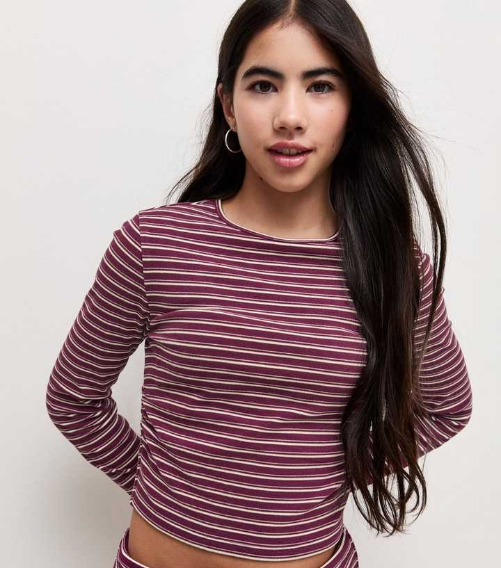 Girls Red Stripe Soft Touch Ruched Long Sleeve Top
